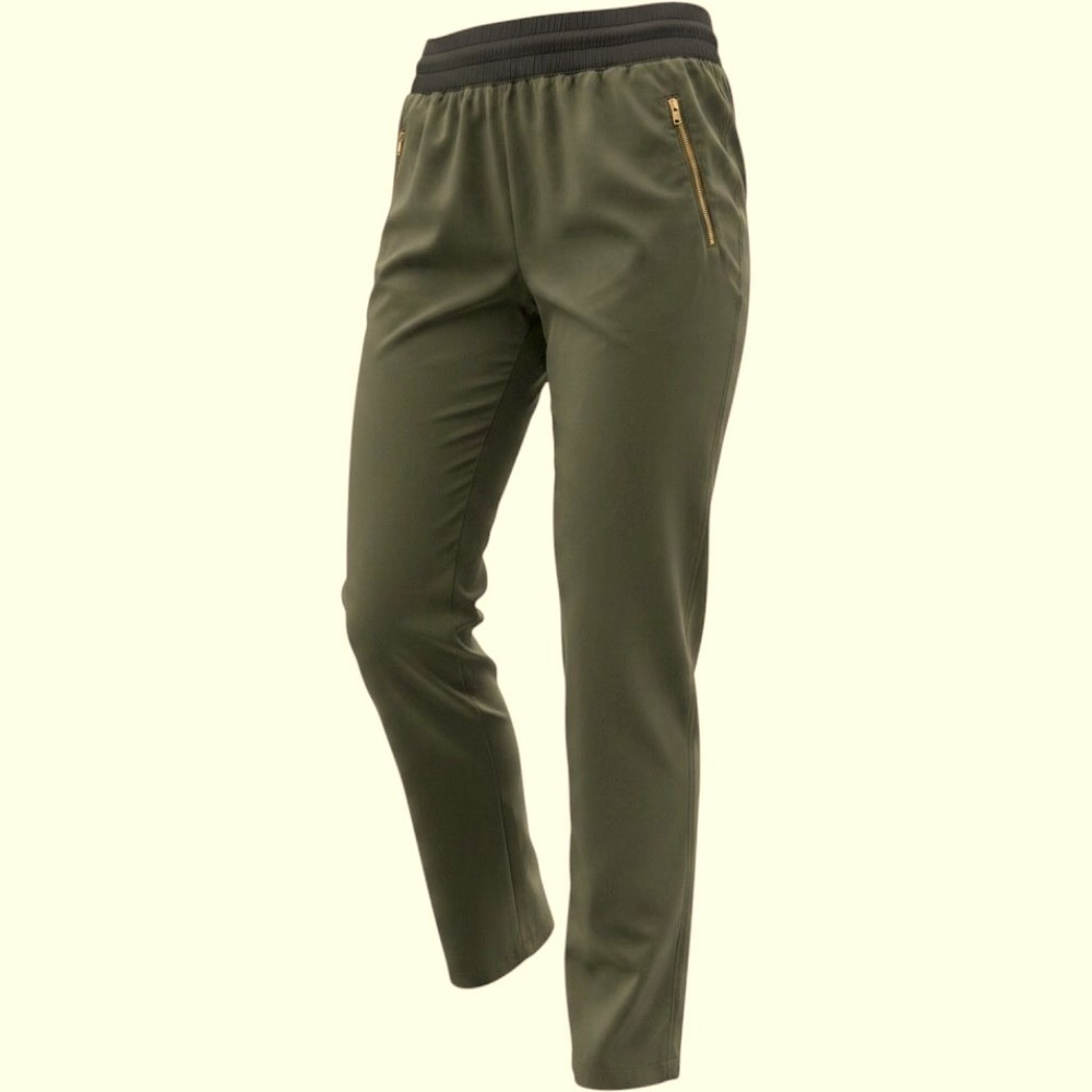 Mossimo Supply Co Womens Olive Green Satin Jogger Pants Gold Zipper Pockets S